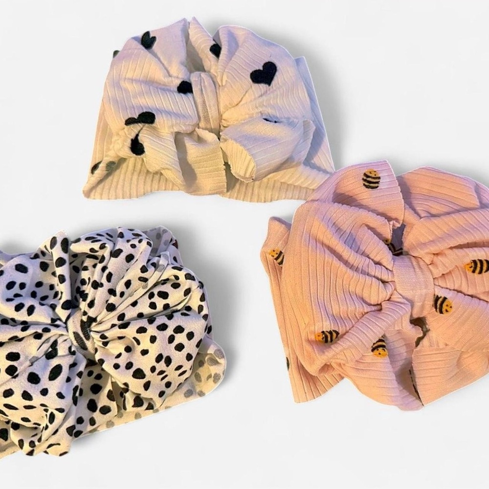 Kids Ribbed Bow Headwrap Trio - hearts, Polka dot, & bumble bee
